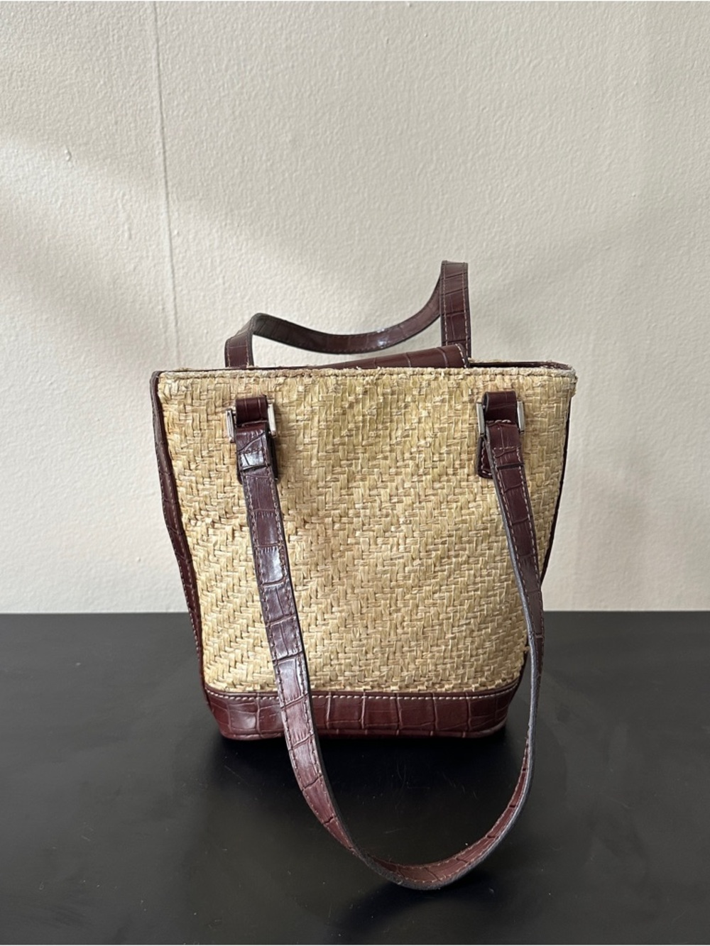 Vintage Liz Claiborne Wicker and Brown Leather Alligator Shoulder Bag
